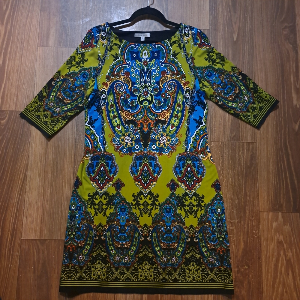Vtg. 90's Sandra Darren 70's Inspired Psychedelic Mod Midi Sheathe Dress sz 8